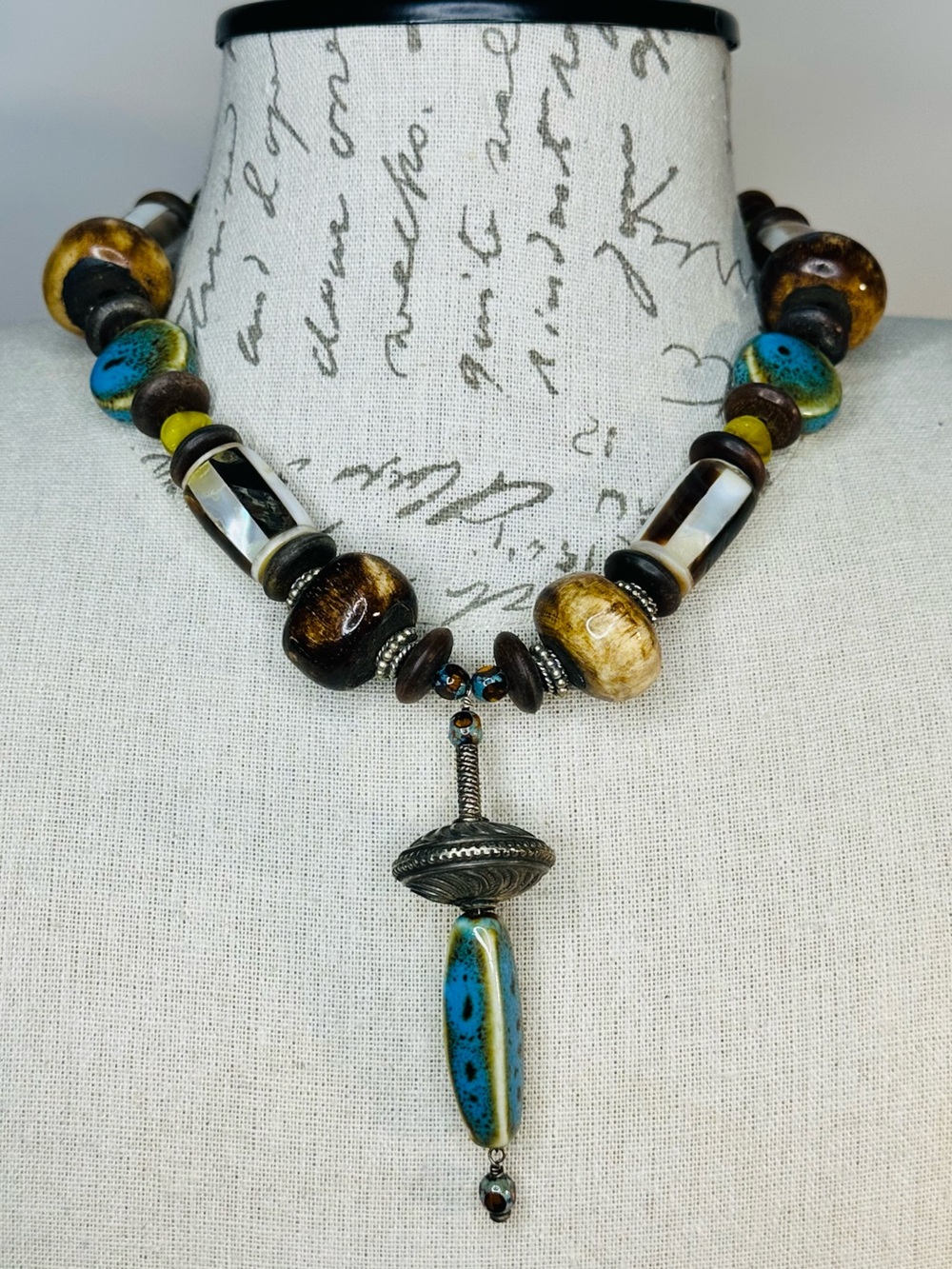 Bohemian Turquoise & Brown Beaded Pendant Necklace